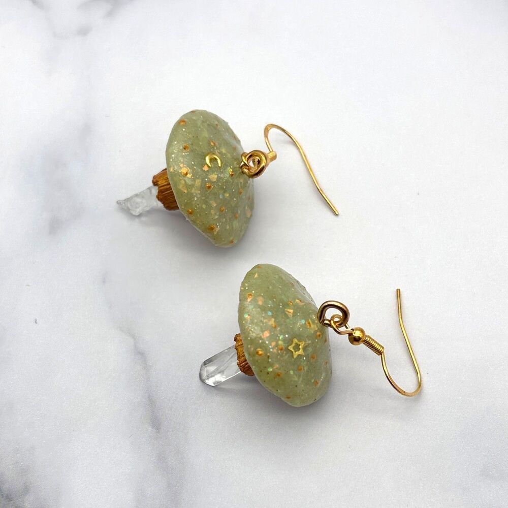 Green Mushroom Quartz Crystal Earrings | Polymer Clay Dangle with Moon and Star - Picture 8 of 10